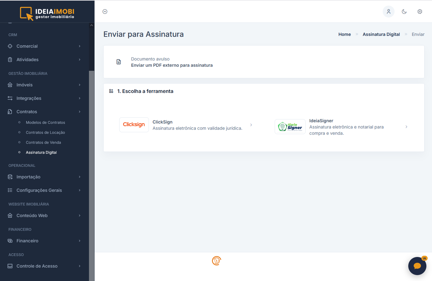 Painel de Assinatura Digital do Ideiaimobi com envelopes e progresso de assinaturas